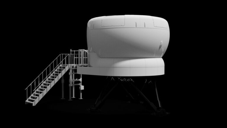 A model of the side view of a full flight simulator