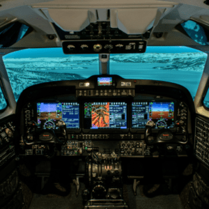 Inside a a full flight simulator cockpit